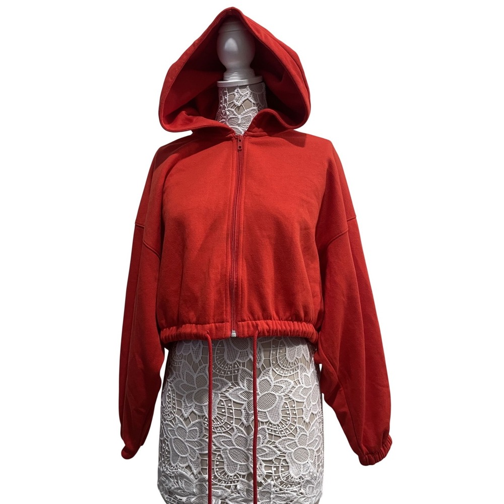 HM Red Cropped Zip Up Hoodie Women Large Drawstring Hem Fleece P/N 1008664 5
